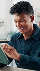 Digital marketing, scroll or happy man with tablet for planning, project management or market research. Campaign strategy, review trends or employee reading in creative agency, media agenda or tech