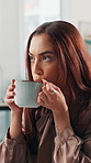 Media agency, drinking coffee and woman in office, thinking and planning with caffeine. Person, employee and journalist in workplace, herbal tea and relax with decision, wonder and espresso in cup