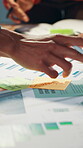 Office, financial review and hands with paperwork, collaboration and data analysis for budget report. Business meeting, graphs and people with documents, project and research for investment proposal