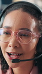 Glasses, headset and business woman in office for online support, customer service and consulting. Call center, communication and person with mic for discussion, virtual assistance and contact us