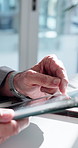 Office, scroll and hands of business man on tablet for investment research, budget report and finance. Professional, corporate and person on digital tech for financial proposal, planning and review