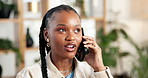 Florist, talking and woman in office, phone call and discussion with supplier for delivery schedule. Flower shop, order and black person with mobile for communication, entrepreneur and conversation