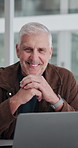 Face, media agency and man with laptop, smile and career ambition with copywriting. Mature person, magazine website or journalist in office, computer and email for submission, about us or publication
