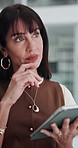 Business woman, thinking and research with tablet in office for corporate improvement or decision. Female person, planner or thoughtful employee with technology for company insight, ideas or strategy