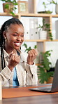 Black woman, shock or fist pump in office with laptop for success, sustainable business or financial goal. Person, surprise or celebration with computer for email, good news or eco friendly milestone