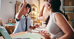High five, clipboard and business people in office with boxes for online order confirmation. Happy, celebration and team of supply chain managers with laptop for distribution information in workplace