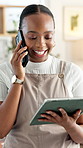Phone call, smile and tablet with black woman in office for feedback, editing or publishing of article. Conversation, decision and review with creative agency employee for discussion or communication