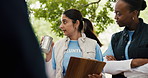 Volunteers, donations and people with clipboard, park and listen to organizer for community service. Outdoor, group and coordinator with checklist for inventory, discussion and supply distribution