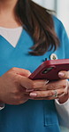 Hands, nurse and typing with phone in clinic for healthcare database, online report or telehealth. Medical professional, woman or smartphone in hospital for results feedback, email or schedule update