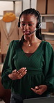 Headset, laptop and solution with black woman in logistics office for online shopping support. Communication, computer and feedback with African supplier in supply chain workplace for consulting
