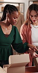 Women, fashion logistics and packing with boxes for delivery, courier service or shipping in store. Female people, employees or label with jewelry for small business startup or online distribution