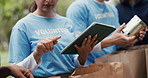 Hands, tablet and volunteer counting food donation for stock, inventory list and help with team. Charity, tech and people outdoor with groceries bag for NGO, community distribution or poverty support