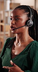 Explain, headset and support with black woman in logistics office for online shopping feedback. Advice, communication and steps in process with African supplier at work for supply chain consulting