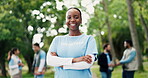 Face, volunteer or happy woman outdoor with arms crossed for eco project, outreach or nonprofit aid. Confident, person and charity in park for sustainability program, social responsibility and bokeh.