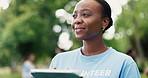 Tablet, woman and volunteer outdoor with ideas for social responsibility, ngo or charity event. Thinking, nature and female person with digital technology for checklist for community outreach in park