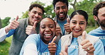 Face selfie, funny and hand gesture with volunteer people outdoor together for charity or community service. Emoji, laughing and social media photograph with happy ngo group in park for memories