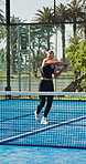 Fitness, energy and woman in court with padel, team and workout in competition action. Tennis, sports match and athlete outdoor with partner, challenge and racket control in game performance.