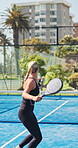 Game, padel and serve with people on court together for exercise, practice or training. Competition, fitness and sports with woman playing tennis outdoor for challenge, performance or tournament