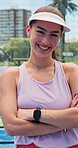 Tennis, arms crossed and face with woman on court for competition training, game tournament or workout. Padel player, sports athlete and challenge with person on outdoor turf for contest and exercise