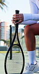 Woman, hands or break on bench with tennis racket for competition strategy, tactical idea or recovery. Sports gear, athlete leg and person on court for game plan, tournament and contest preparation.