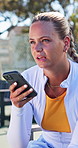 Phone, speaker and woman at tennis court for sports, talk or communication with voicemail. Athlete, mobile and person with voice note, recording audio and fitness conversation on break outdoor
