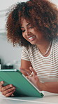 Tablet, happy and woman in house for internet communication, online search or post. Technology, home and African person with app for information, scroll website or social media forum in kitchen