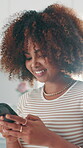 Texting, smile or woman in home with phone, online conversation or checking notification on dating app. Happy, flare or black person in house with tech, romance match or chatting in partner search.