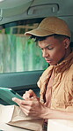 Tablet, box and courier with man in car for delivery address confirmation, logistics and navigation. Online shipping route, distribution and digital map with person in vehicle for ecommerce parcel