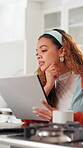 Laptop, idea and documents with woman in home for account audit, investment planning and digital banking. Online tax return, thinking and paperwork with person in apartment for budget review