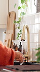 Hygiene, washing hands or woman with water in kitchen, bacteria or germ prevention for wellness. Disinfection, self care or rinse with liquid from faucet in home, clean or health maintenance practice