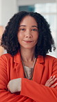 Face, employee and woman with arms crossed in office, journalist or confident for career development. Creative, reporter and African person with smile in newsroom, media and pride for opportunity
