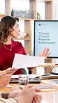 Woman, document and presentation for climate change in office, planning and ideas of environment solution. People, meeting and brainstorming with proposal paper, eco friendly information and tips