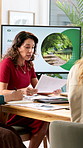 Woman, document and meeting for climate change in office, planning and ideas of environment solution. People, presentation and brainstorming with proposal paper, eco friendly information and tips