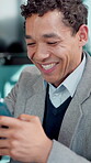Typing, business man and laughing with phone for funny client, finance advice and text message. Financial advisor, employee and happy with mobile chat in office for investment meme and email response