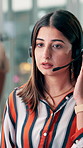 Communication, headset and woman in call center for telemarketing, customer support and sales pitch. Coworking, lead generation and representative with tech for networking, client offer and bokeh