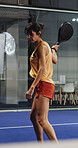 Padel, racket and woman with training, fitness and serve technique with challenge. Mature person, tennis player or athlete with wellness, practice or sports game with competition, exercise or contest