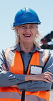 Construction site, face or happy manager with arms crossed, safety compliance or property development. Portrait, confident or mature woman laugh for project management, outdoor or building contractor