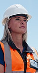 Thinking, engineer and woman outdoor for construction, planning or low angle. Technology, building and person with idea for industrial development, problem solving or safety inspection for compliance
