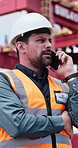 Construction, manager or man with phone call  for negotiation, material delivery or progress info. Low angle, mobile or contractor talk for resources management, project development update or outdoor