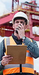 Construction, man and radio on site with clipboard for building update, engineer report or discussion. Low angle, contractor and person outdoor with tech, risk assessment checklist and communication.