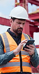 Man, logistics and phone in shipping yard for research, delivery schedule and confirm shipment. Thinking, person and mobile to track cargo, inventory management and freight information for inquiry