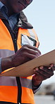 Clipboard, hands and logistics with person outdoor for delivery, distribution or shipping checklist. Agenda, schedule and writing with courier at dock for inventory or supply chain management