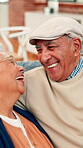 Old couple, relax or laughing in home with joke for retirement, bonding together or healthy relationship. Happy, senior man or elderly woman in house with connection for humor, support or commitment.