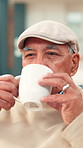 Home, drinking coffee and old man in lounge, relax and caffeine with retirement. Apartment, pensioner and elderly person with herbal tea, break and comfort with reflection, morning and nostalgia