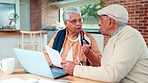 Financial planning, old couple and people with paperwork, home and reading investment for retirement. Senior woman, talking and elderly man with laptop for pension fund, discussion and documents