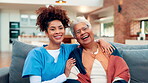 Face, caregiver and senior woman hug on couch, elderly care and laughing for emotional support. Assisted living, retirement or happy nurse with embrace for old person, trust or smile together in home