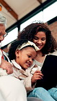 Child, mother and grandmother with tablet in home for funny movie, cartoon or game. Girl, grandparent and mom with technology in living room for learning, online app and laugh with family generations