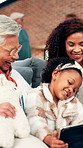 Child, mother and grandmother with tablet for funny movie, cartoon or game in home. Girl, grandparent and mom with technology in living room for video, online app and laugh with family generations