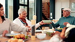 Meal, family and generations at table with conversation, bonding or healthy food in reunion. Grandparent, mother or child in house with nutrition buffet, connection or social gathering in tradition.
