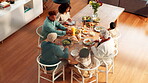 Above, people and generations at table with meal, bonding together or healthy buffet in reunion. Sharing, nutrition food and family in house with eating, connection and social gathering in tradition.